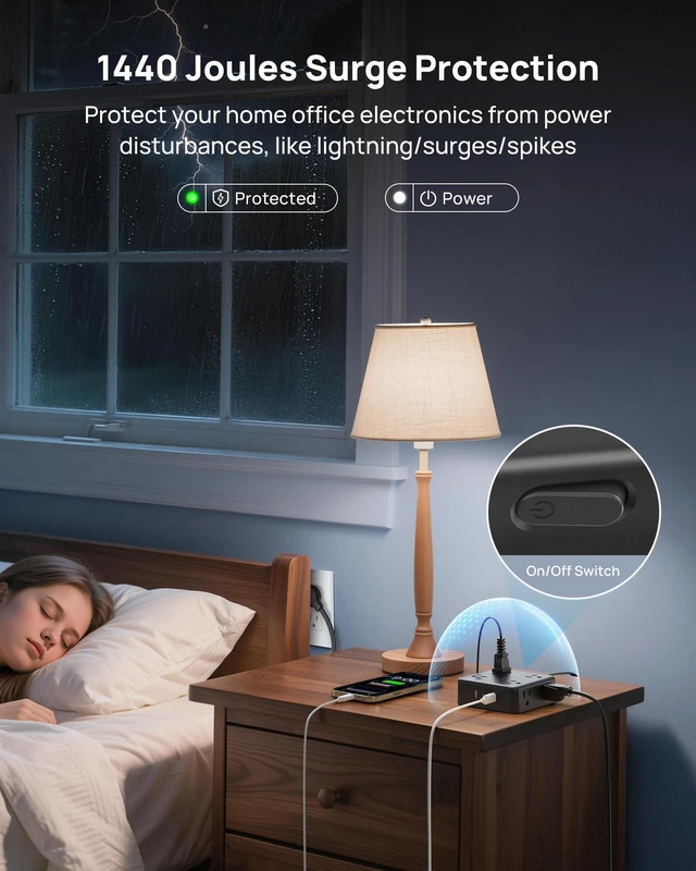 Alt view image 6 of 7 - Surge Protector Power Strip, 10FT Flat Plug Extension Cord, Black 8 Outlets & 4 USB Ports(3 USB C), 1625W, 1440J, Wall Mount Outlet Extender for Home Office Dorm Room Essentials