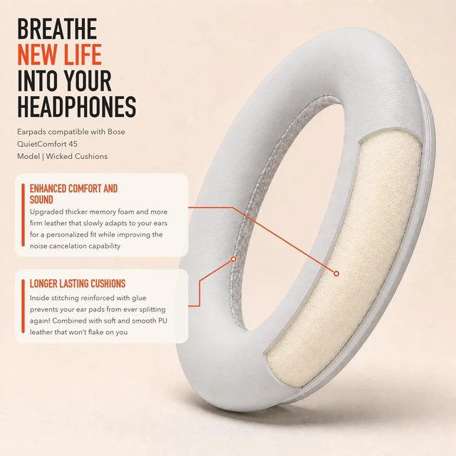 Alt view image 4 of 7 - PadZ QC45 - Earpads for Bose QuietComfort 45, QC SE & QC Wireless Made by Wicked Cushions Extra Thick Cushions, Premium Durable Stitching White Smoke