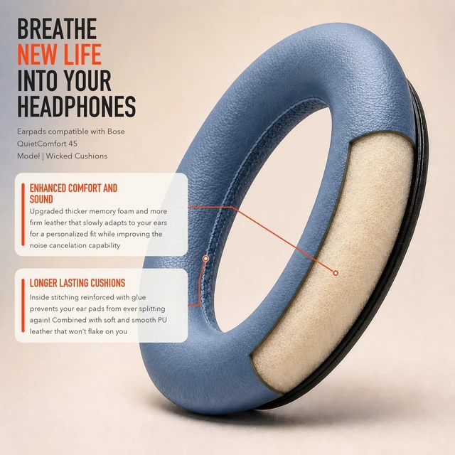 Alt view image 4 of 7 - PadZ QC45 - Earpads for Bose QuietComfort 45, QC SE & QC Wireless Made by Wicked Cushions Extra Thick Cushions, Premium Durable Stitching Blue Dusk