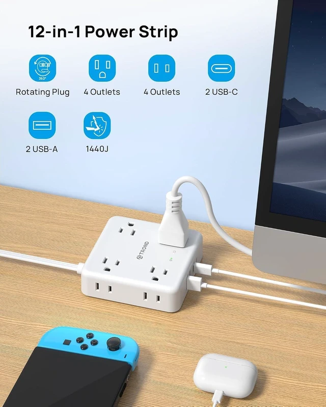 Alt view image 3 of 7 - 360° Rotating Flat Plug Power Strip 5ft, 8 AC & 4 USB (2U2C), White Flat Extension Cord 1625W, 1440J Surge Protector with USB Ports, Wall Mountable, for Home Office Dorm Room Essentials