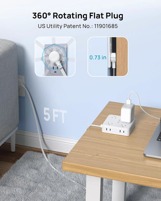Alt view image 2 of 7 - 360° Rotating Flat Plug Power Strip 5ft, 8 AC & 4 USB (2U2C), White Flat Extension Cord 1625W, 1440J Surge Protector with USB Ports, Wall Mountable, for Home Office Dorm Room Essentials