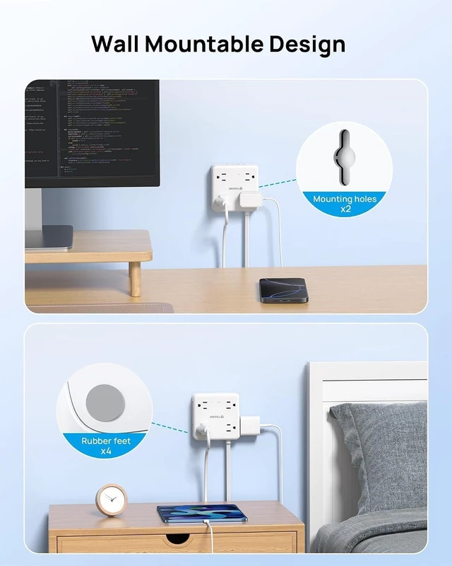 Alt view image 5 of 7 - 360° Rotating Flat Plug Power Strip 5ft, 8 AC & 4 USB (2U2C), White Flat Extension Cord 1625W, 1440J Surge Protector with USB Ports, Wall Mountable, for Home Office Dorm Room Essentials
