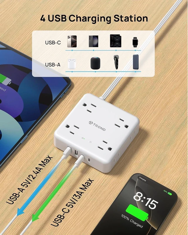 Alt view image 4 of 7 - 360° Rotating Flat Plug Power Strip 5ft, 8 AC & 4 USB (2U2C), White Flat Extension Cord 1625W, 1440J Surge Protector with USB Ports, Wall Mountable, for Home Office Dorm Room Essentials