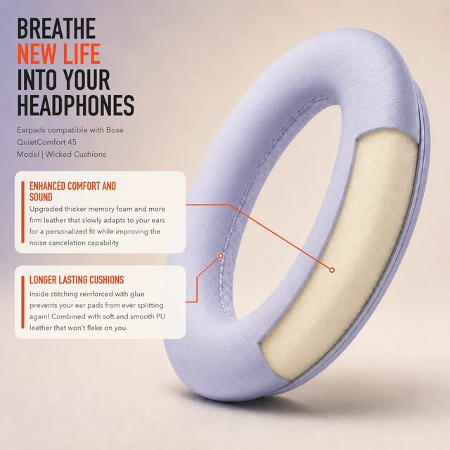 Alt view image 4 of 7 - PadZ QC45 - Earpads for Bose QuietComfort 45, QC SE & QC Wireless Made by Wicked Cushions Extra Thick Cushions, Premium Durable Stitching Chilled Lilac