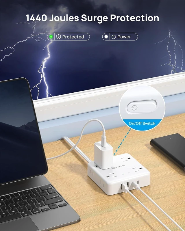 Alt view image 6 of 7 - 360° Rotating Flat Plug Power Strip 5ft, 8 AC & 4 USB (2U2C), White Flat Extension Cord 1625W, 1440J Surge Protector with USB Ports, Wall Mountable, for Home Office Dorm Room Essentials