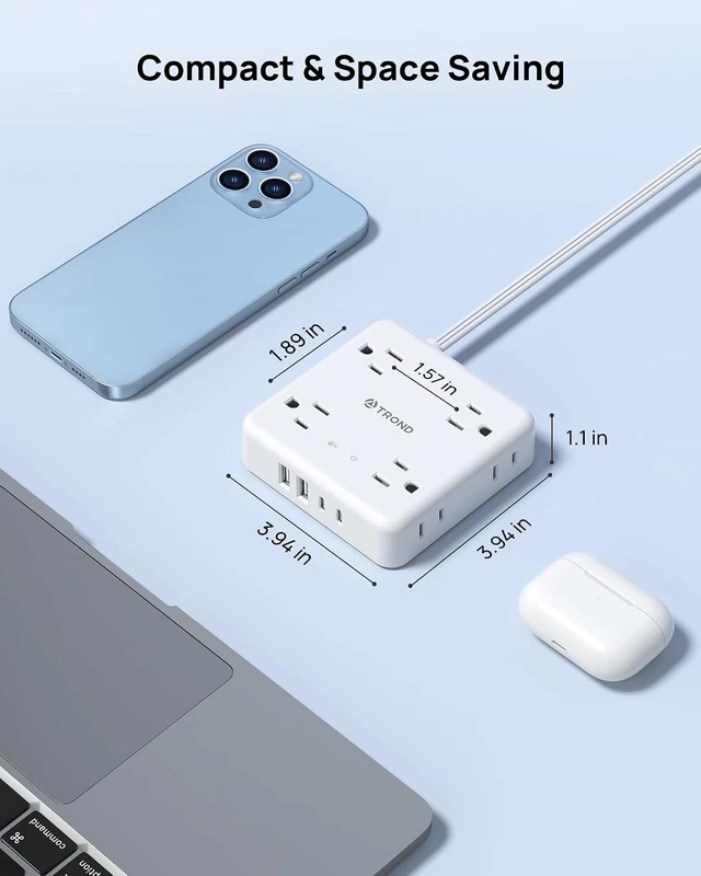 Alt view image 7 of 7 - 360° Rotating Flat Plug Power Strip 5ft, 8 AC & 4 USB (2U2C), White Flat Extension Cord 1625W, 1440J Surge Protector with USB Ports, Wall Mountable, for Home Office Dorm Room Essentials