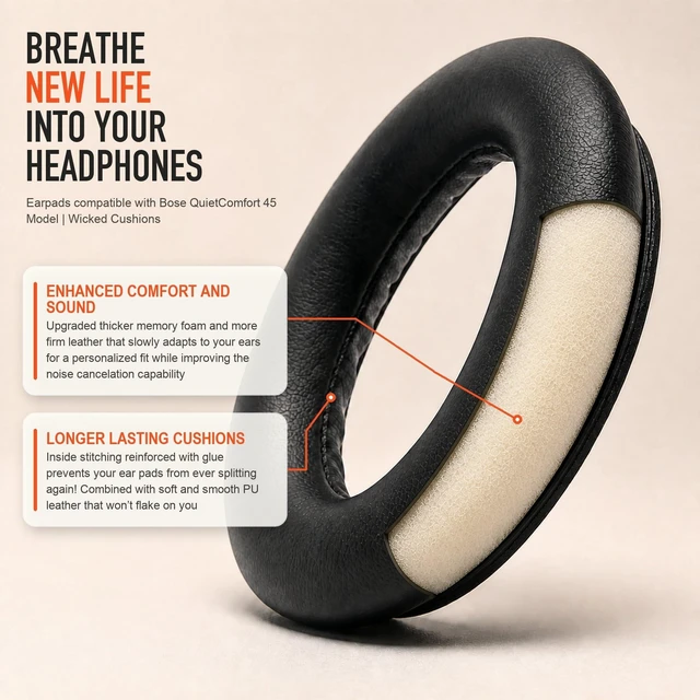 Alt view image 4 of 7 - PadZ QC45 - Earpads for Bose QuietComfort 45, QC SE & QC Wireless Made by Wicked Cushions Extra Thick Cushions, Premium Durable Stitching Black