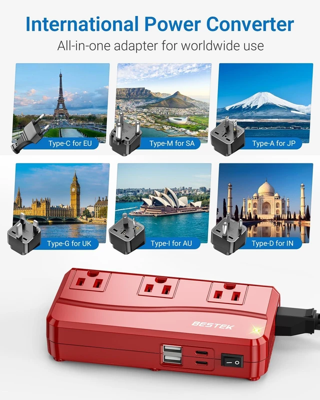 Alt view image 2 of 7 - International Power Adapter 300W, 220V to 110V Step Down Travel Voltage Converter with 4-Port USB (2 USB 20W) Including US/AU/EU/UK/India/South Africa Plug Adapter (Red)
