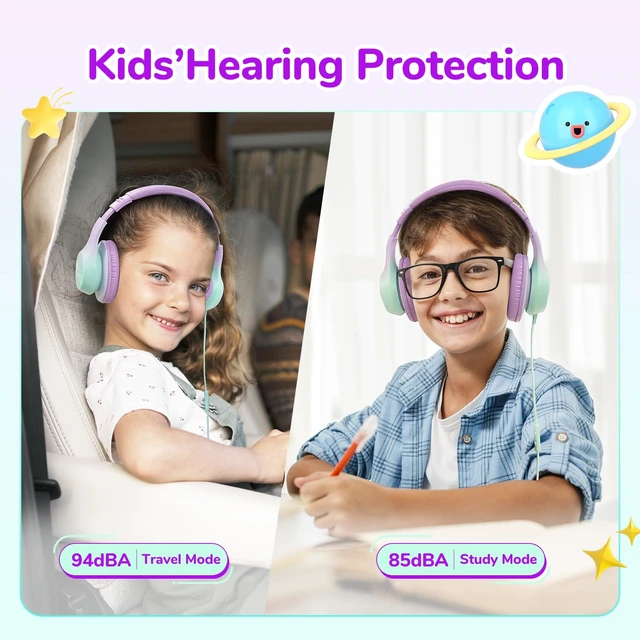Alt view image 2 of 7 - K3 Kids Headphones, Wired Kids Headphones with Mic for School/Travel Built-in Mic, 85/94dB Volume Limit, HD Stereo Sound, 3.5mm Jack, Foldable Wired Headphones for Boys/Girls/Tablet/iPad, Purple