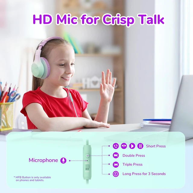 Alt view image 3 of 7 - K3 Kids Headphones, Wired Kids Headphones with Mic for School/Travel Built-in Mic, 85/94dB Volume Limit, HD Stereo Sound, 3.5mm Jack, Foldable Wired Headphones for Boys/Girls/Tablet/iPad, Purple