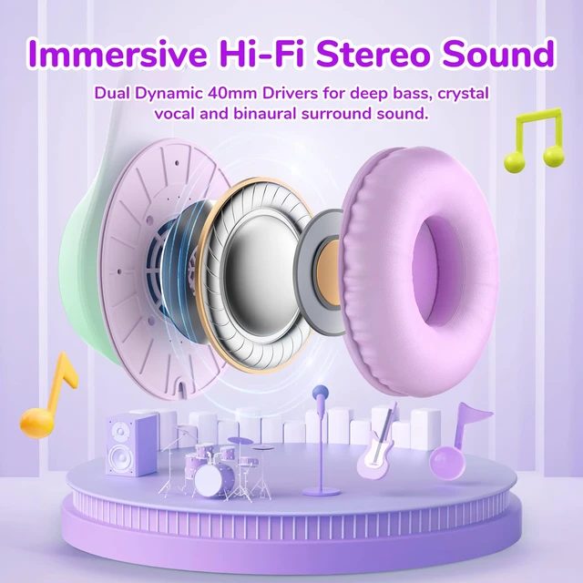 Alt view image 4 of 7 - K3 Kids Headphones, Wired Kids Headphones with Mic for School/Travel Built-in Mic, 85/94dB Volume Limit, HD Stereo Sound, 3.5mm Jack, Foldable Wired Headphones for Boys/Girls/Tablet/iPad, Purple