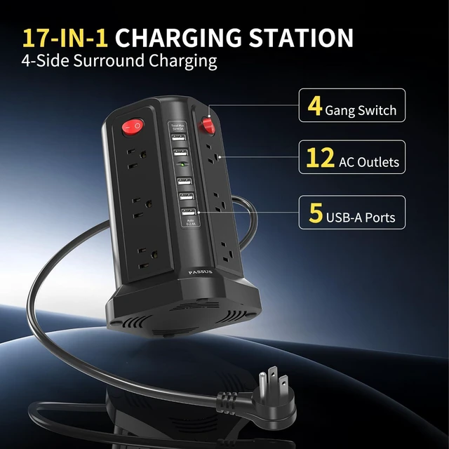 Alt view image 2 of 7 - Surge Protector Power Strip Tower with 5 USB Ports Black Night Light 10FT Extension Cord with 12 AC Multiple Outlets Power Tower Overload Protection for Home Office Essentials