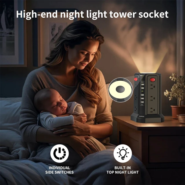 Alt view image 3 of 7 - Surge Protector Power Strip Tower with 5 USB Ports Black Night Light 10FT Extension Cord with 12 AC Multiple Outlets Power Tower Overload Protection for Home Office Essentials