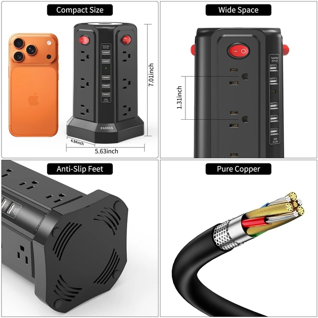 Alt view image 6 of 7 - Surge Protector Power Strip Tower with 5 USB Ports Black Night Light 10FT Extension Cord with 12 AC Multiple Outlets Power Tower Overload Protection for Home Office Essentials