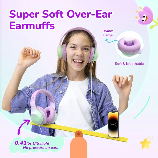 Alt view image 5 of 7 - K3 Kids Headphones, Wired Kids Headphones with Mic for School/Travel Built-in Mic, 85/94dB Volume Limit, HD Stereo Sound, 3.5mm Jack, Foldable Wired Headphones for Boys/Girls/Tablet/iPad, Purple
