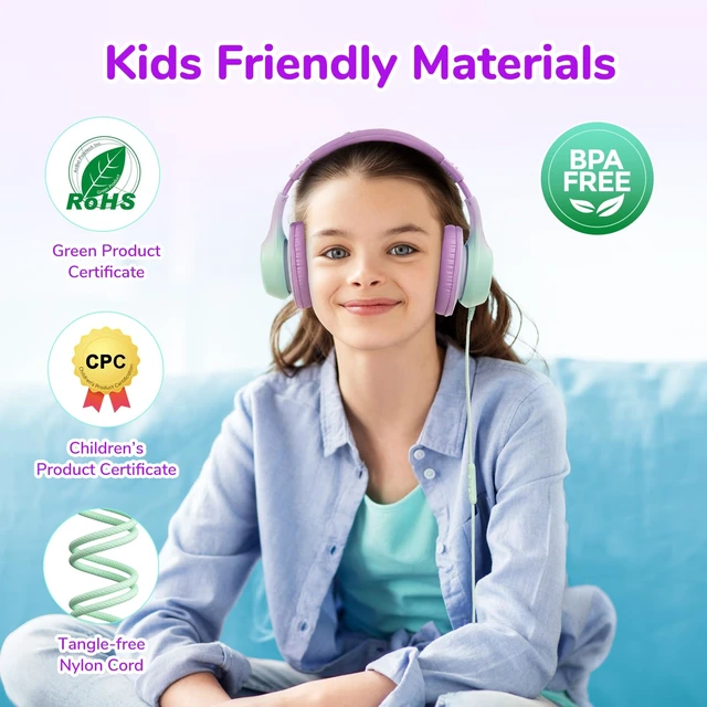 Alt view image 6 of 7 - K3 Kids Headphones, Wired Kids Headphones with Mic for School/Travel Built-in Mic, 85/94dB Volume Limit, HD Stereo Sound, 3.5mm Jack, Foldable Wired Headphones for Boys/Girls/Tablet/iPad, Purple