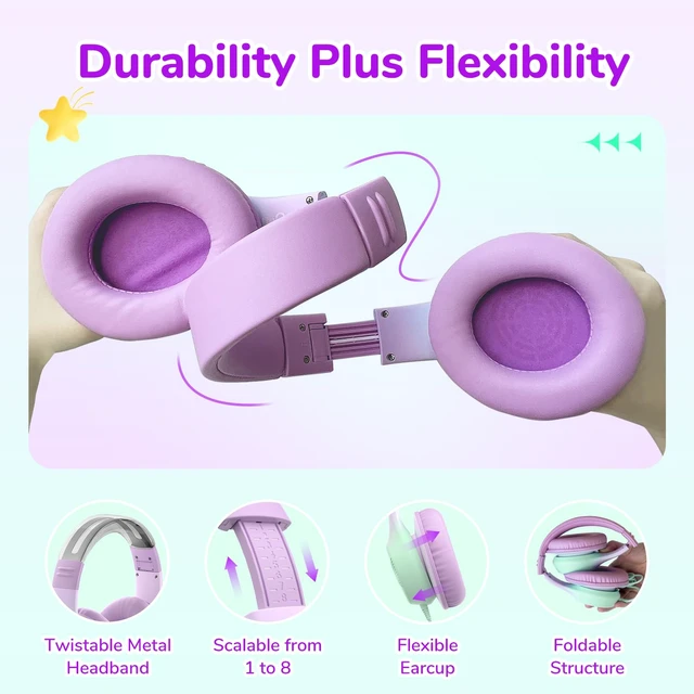 Alt view image 7 of 7 - K3 Kids Headphones, Wired Kids Headphones with Mic for School/Travel Built-in Mic, 85/94dB Volume Limit, HD Stereo Sound, 3.5mm Jack, Foldable Wired Headphones for Boys/Girls/Tablet/iPad, Purple