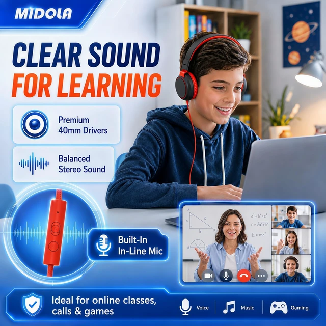 Alt view image 5 of 7 - Volume Limited 85/110dB Kids Headphone Over-Ear/On-Ear Foldable Sound Noise Protection Headset with Inline AUX 3.5mm Cord w/Mic for Child School Cellphone Pad PC Notebook Black