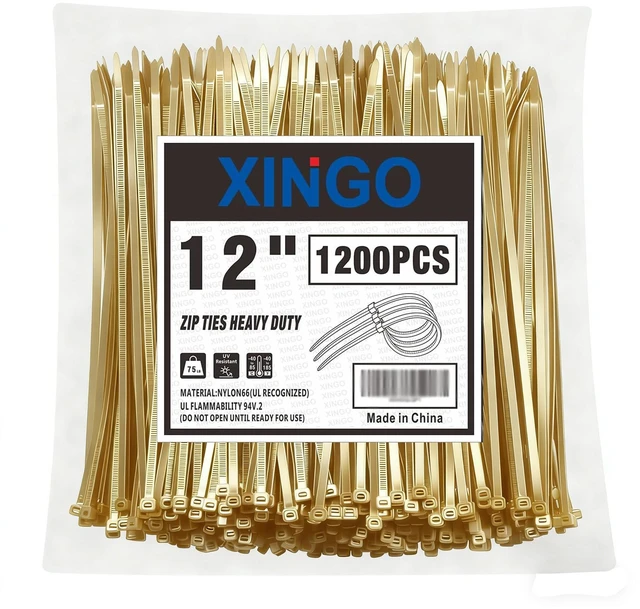 Main image of 12 Inch Gold Zip Ties 1200 PCS, 75 LBS Tensile Strength, UV Resistant Cable Ties, Premium Self-locking Plastic Ties for Indoor and Outdoor Use