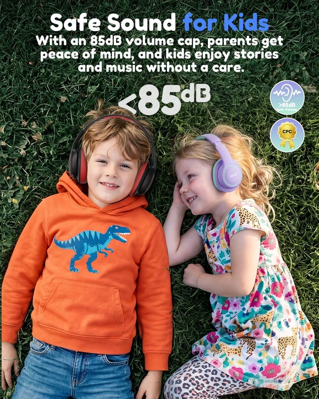 Alt view image 3 of 7 - OHR702 Kids Bluetooth Headphones for School with Built-in Mic,Over-Ear 75H Playtime, Bluetooth 6.0, 3.5mm Jack Aux Cord, 85dBA Safe Volume, USB-C Fast Charging, for iPad/Travel/Tablet- Black Red