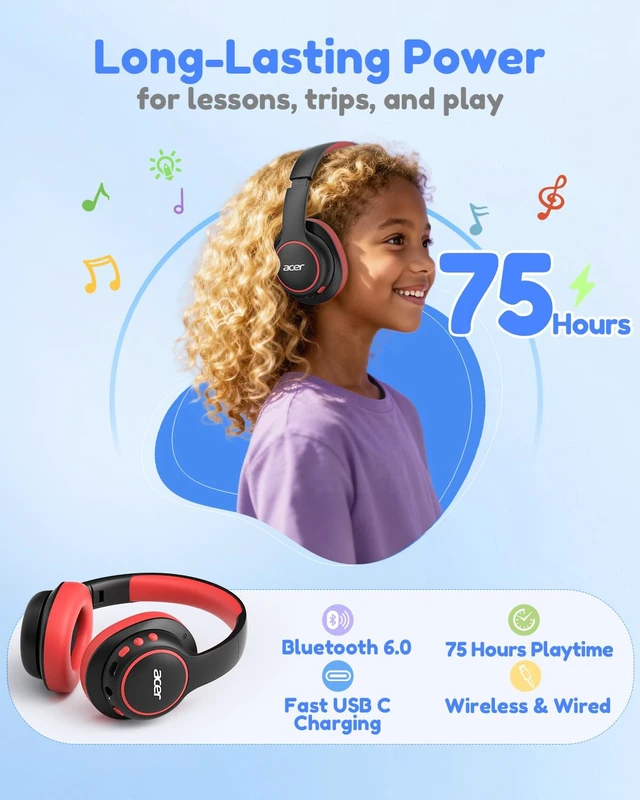 Alt view image 5 of 7 - OHR702 Kids Bluetooth Headphones for School with Built-in Mic,Over-Ear 75H Playtime, Bluetooth 6.0, 3.5mm Jack Aux Cord, 85dBA Safe Volume, USB-C Fast Charging, for iPad/Travel/Tablet- Black Red