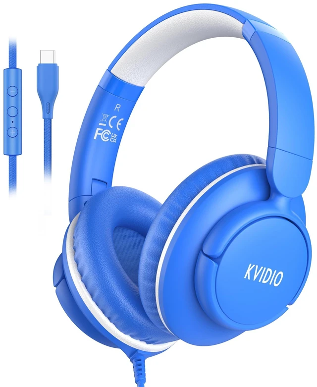 Main image of USB C Wired Over Ear Headphones for School with Mic, Volume Control, Blue Lightweight Foldable Corded Headphone for Teens Classroom Travel Airplane, 4.9ft Tangle-Free Cord for Phone Tablet Laptop PC
