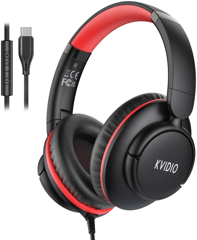 Main image of USB C Wired Headphones for School with Mic, Volume Control, Black Red Over Ear Foldable Corded Headphone for Teens Classroom Travel Airplane, 4.9ft Tangle-Free Cord for Phone Tablet Laptop PC