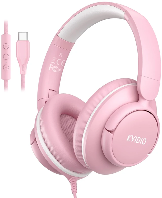 Main image of USB C Wired Over Ear Headphones for School with Mic, Volume Control, Pink Lightweight Foldable Corded Headphone for Teens Classroom Travel Airplane, 4.9ft Tangle-Free Cord for Phone Tablet Laptop PC