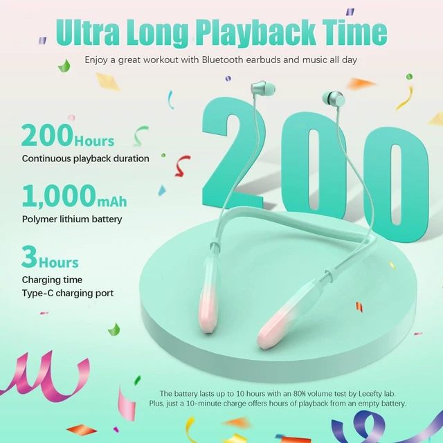 Alt view image 2 of 7 - Neckband Bluetooth Headphones, 200H Extra Long Playtime Wireless Stereo Neckband Earbuds with Microphone, Waterproof Balanced Armature Drivers in Ear Headset for Sports/Workout (Pink Green)