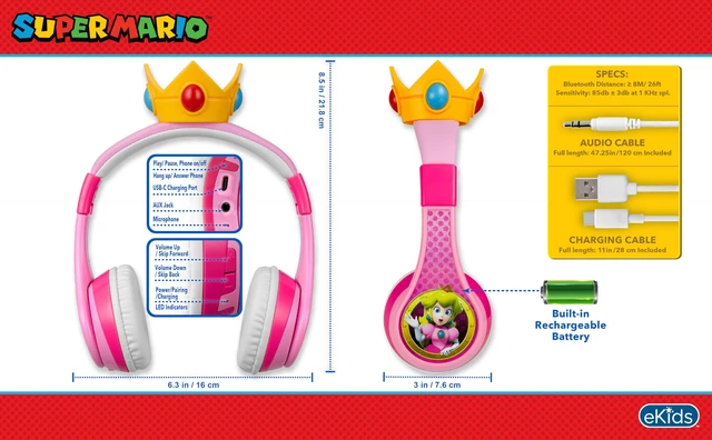 Alt view image 7 of 7 - Princess Peach Bluetooth Headphones for Kids Wireless Headphones for School
