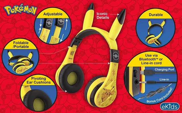 Alt view image 3 of 7 - Pokemon Pikachu Bluetooth Kids Headphones with Microphone, Volume Reduced Wireless Headphones for School