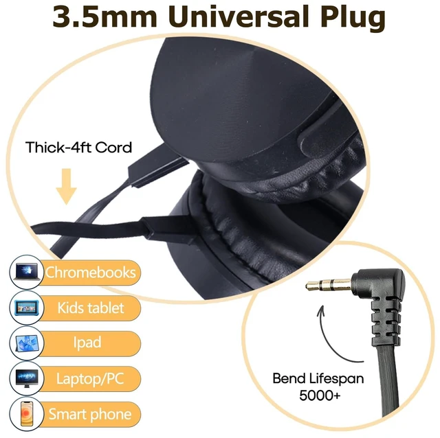 Alt view image 3 of 7 - 20 Pack Bulk Headphones for Classroom, Kids Wired Headphone for School Students K-12, Affordable Classroom Headphones, On-Ear with 3.5mm Plug(Black)