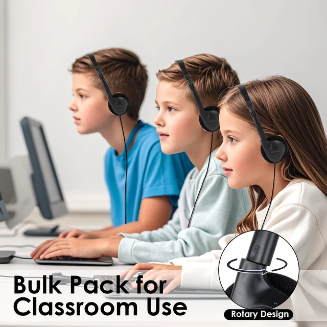 Alt view image 6 of 7 - Bulk Headphones for Classroom Kids School Students 100 Pack Wired On Ear Class Set Headphones for Kids Teens Adults,Work with Chromebook Laptop PC Computer Learning 3.5mm Jack Black