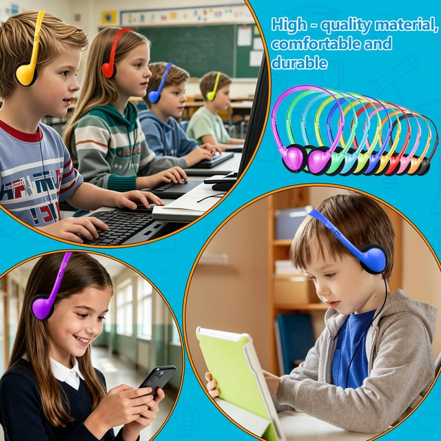 Alt view image 7 of 7 - Classroom Headphones Bulk 100 Pack for Kids School,Wired On-Ear Headphones for Students Testing Library Learning Teens Adults,3.5mm Jack for Chromebook Laptop Computer Mixed Colors