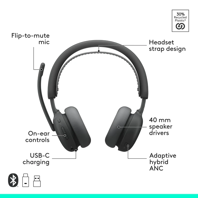 Alt view image 6 of 7 - Zone Wireless 2 ES for Business Headset - UC Adaptive Hybrid ANC, Bluetooth, USB-C & USB-A, Zoom & Google Certified, ideal for Business, Noise-Canceling, Graphite color