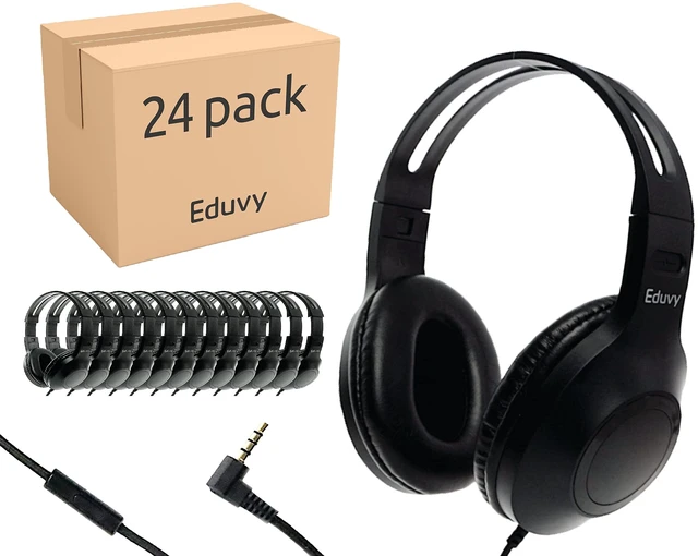 Main image of Bulk Headphones for Classroom with Microphone, Heavy-Duty School Pack Wired Headphones for Students. Teacher Must Haves Supplies from Elementary to College (24 Pack Black)