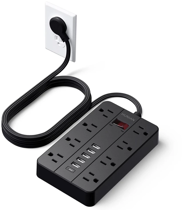 Main image of Power Strip 10Ft, Flat Plug Extension Cord with Multiple Outlets 8 Widely Spaced Outlets 6 USB (1 USB C Port), Wall Mount Charging Station for Home and Office, Black