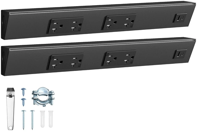 Main image of 2-Pack 16 in Under Cabinet Outlet Strip, Angled Design 2×20A TR Outlets, USB-A & USB-C, Expandable Modular System, Pre-Wired Installation, Kitchen, Workshop, Black, ETL Listed