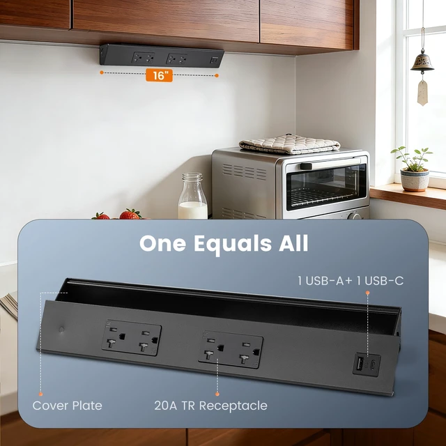 Alt view image 3 of 7 - 2-Pack 16 in Under Cabinet Outlet Strip, Angled Design 2×20A TR Outlets, USB-A & USB-C, Expandable Modular System, Pre-Wired Installation, Kitchen, Workshop, Black, ETL Listed