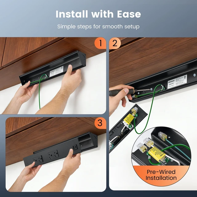 Alt view image 5 of 7 - 2-Pack 16 in Under Cabinet Outlet Strip, Angled Design 2×20A TR Outlets, USB-A & USB-C, Expandable Modular System, Pre-Wired Installation, Kitchen, Workshop, Black, ETL Listed