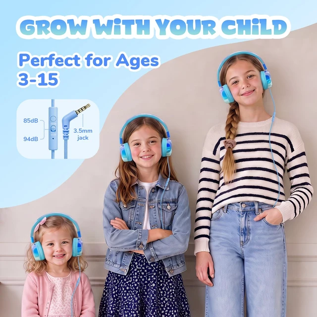 Alt view image 3 of 7 - Kids Headphones with Cord with Mic, 85/94dB Safe Volume Limit HD mic, over-ear foldable, 3.5mm for iPad, tablet, computer, Kids Wired Headphones for school travel, boys girls,Aura Series