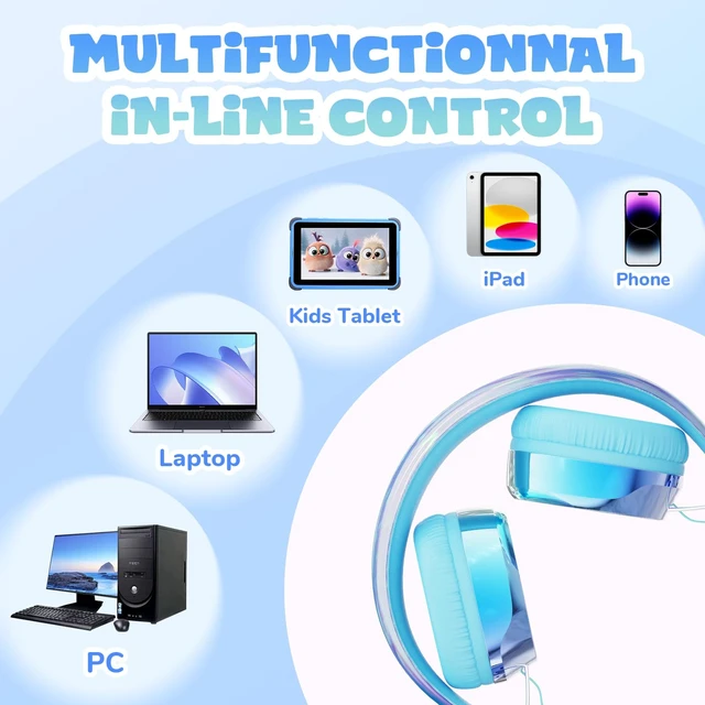 Alt view image 4 of 7 - Kids Headphones with Cord with Mic, 85/94dB Safe Volume Limit HD mic, over-ear foldable, 3.5mm for iPad, tablet, computer, Kids Wired Headphones for school travel, boys girls,Aura Series