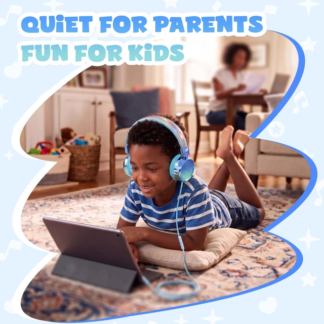 Alt view image 5 of 7 - Kids Headphones with Cord with Mic, 85/94dB Safe Volume Limit HD mic, over-ear foldable, 3.5mm for iPad, tablet, computer, Kids Wired Headphones for school travel, boys girls,Aura Series