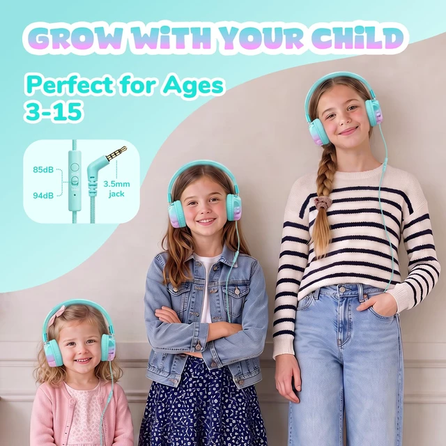 Alt view image 3 of 7 - Kids Headphones with Cord with Mic, 85/94dB Safe Volume Limit HD mic, over-ear foldable, 3.5mm for iPad, tablet, computer, Kids Wired Headphones for school travel, boys girls,Aura Series