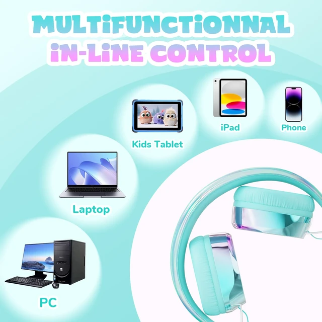 Alt view image 4 of 7 - Kids Headphones with Cord with Mic, 85/94dB Safe Volume Limit HD mic, over-ear foldable, 3.5mm for iPad, tablet, computer, Kids Wired Headphones for school travel, boys girls,Aura Series