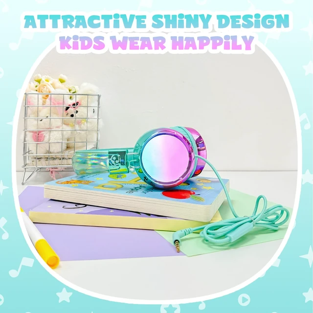 Alt view image 2 of 7 - Kids Headphones with Cord with Mic, 85/94dB Safe Volume Limit HD mic, over-ear foldable, 3.5mm for iPad, tablet, computer, Kids Wired Headphones for school travel, boys girls,Aura Series