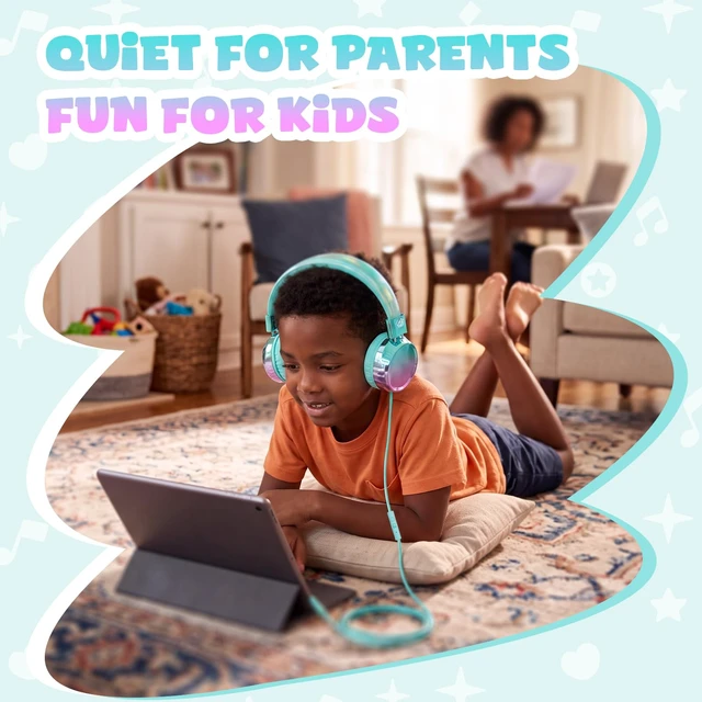 Alt view image 5 of 7 - Kids Headphones with Cord with Mic, 85/94dB Safe Volume Limit HD mic, over-ear foldable, 3.5mm for iPad, tablet, computer, Kids Wired Headphones for school travel, boys girls,Aura Series