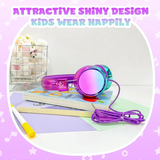 Alt view image 2 of 7 - Kids Headphones with Cord with Mic, 85/94dB Safe Volume Limit HD mic, over-ear foldable, 3.5mm for iPad, tablet, computer, Kids Wired Headphones for school travel, boys girls,Aura Series