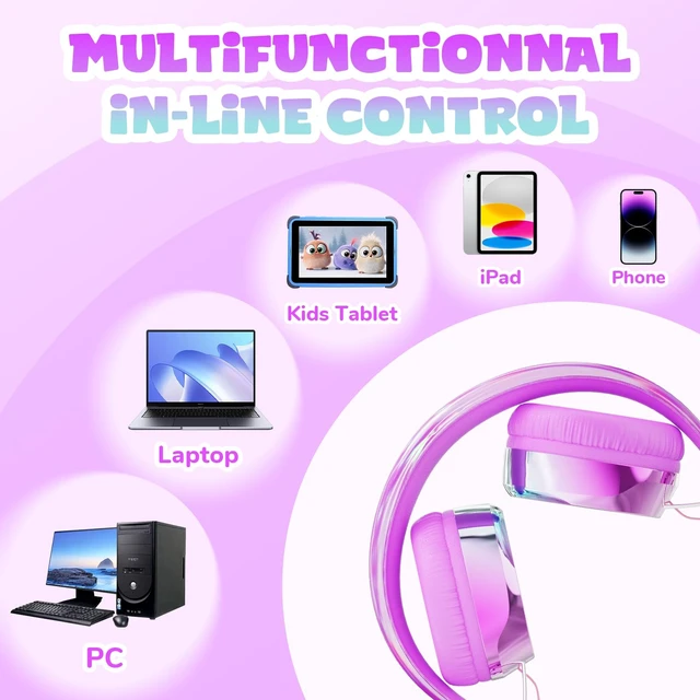 Alt view image 4 of 7 - Kids Headphones with Cord with Mic, 85/94dB Safe Volume Limit HD mic, over-ear foldable, 3.5mm for iPad, tablet, computer, Kids Wired Headphones for school travel, boys girls,Aura Series
