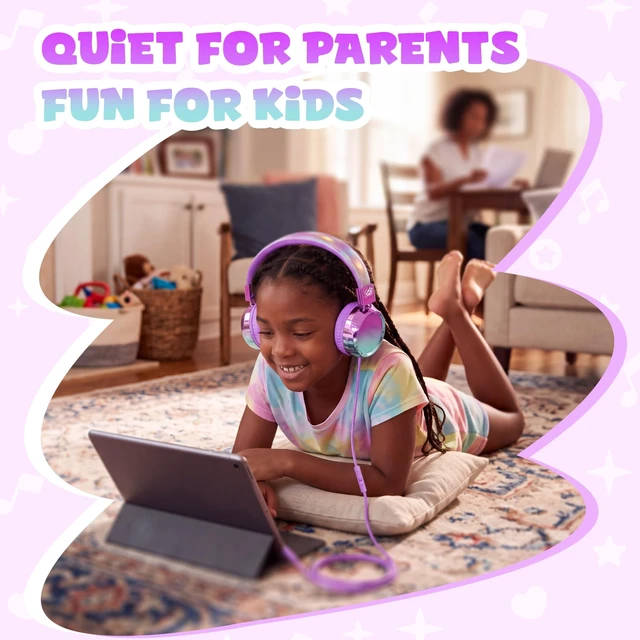 Alt view image 5 of 7 - Kids Headphones with Cord with Mic, 85/94dB Safe Volume Limit HD mic, over-ear foldable, 3.5mm for iPad, tablet, computer, Kids Wired Headphones for school travel, boys girls,Aura Series